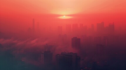 Shrouded Cityscape in Crimson Haze - Moody Urban Landscape with Dramatic Atmosphere