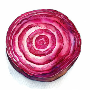 A watercolor painting of a slice of fresh beetroot, showing the rich red interior and rings, isolated on white background.