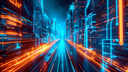 Fototapeta premium A digital urban landscape with neon blue and orange lines outlining the architecture and roadways. The vibrant colors and glowing lines create a dynamic, futuristic scene.
