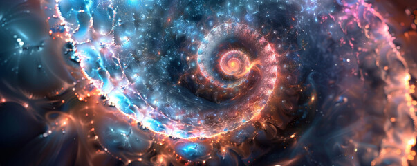 A 3D rendering of a Fibonacci spiral in space, with glowing stars and galaxies arranged in the pattern, highlighting the sequence's universal relevance.