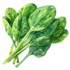 Fototapeta premium A watercolor illustration of a fresh spinach bunch, showcasing its vibrant green leaves, isolated on white background.