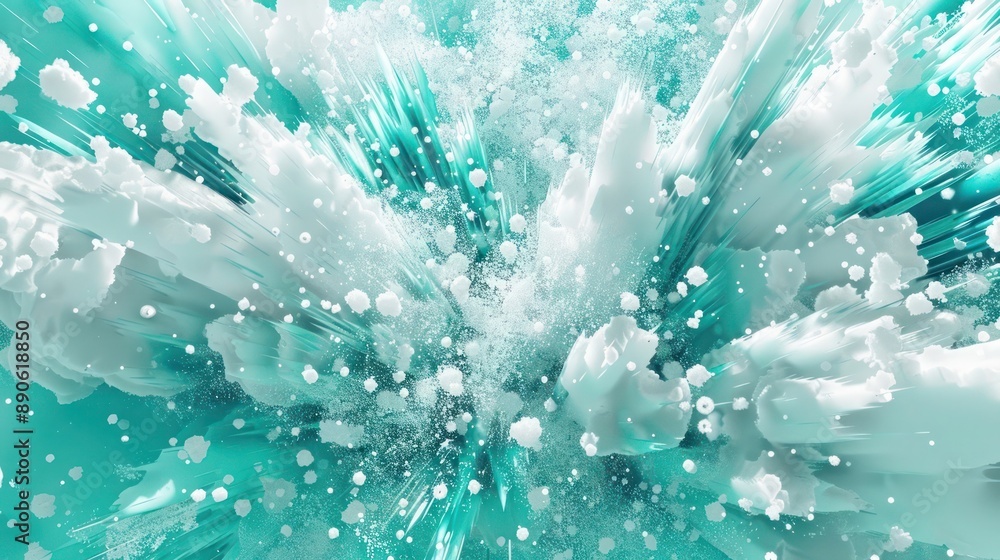Poster a 3d background featuring particle explosions in cool turquoise and white, creating a sense of livel