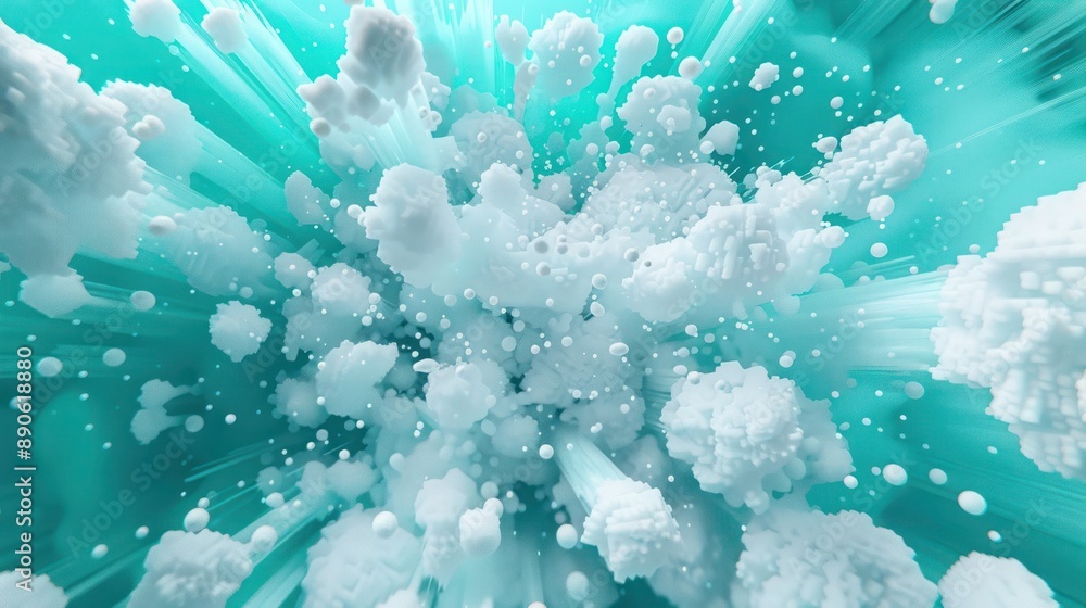 Poster a 3d background featuring particle explosions in cool turquoise and white, creating a sense of livel