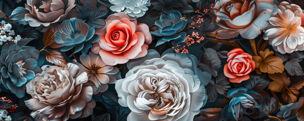 A luxurious floral background, where elegant flowers in various colors intertwine gracefully, creating a sense of sophistication and beauty.