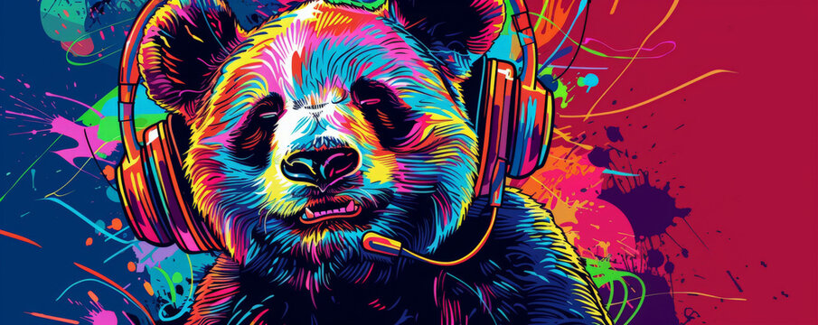 A funky panda with neon headphones, enjoying music with a blissful expression. Drawn with bold lines and a colorful background.