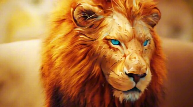 Majestic Lion with Blue Eyes in Vivid Landscape