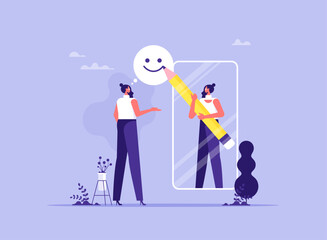 Positive self-image and confidence concept, self pride, self-acceptance, business woman looking in a mirror, esteem, positive self-perception, social role, individual psychology