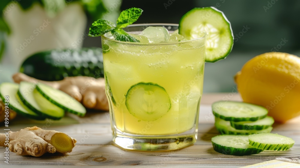 Poster refreshing summer drink with cucumber slices garnished with mint served in a glass. the style is vib