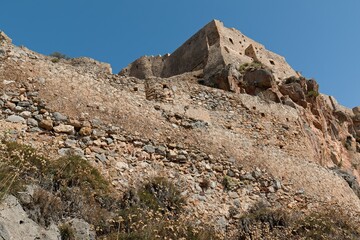 View of medieval Monemvasia town. Founded in the 6th century. Ruins Upper town. Laconia, Peloponnese, Greece.