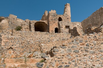 View of medieval Monemvasia town. Founded in the 6th century. Ruins Upper town. Laconia, Peloponnese, Greece.