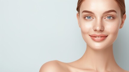 Fototapeta premium A beauty model with smooth skin and a gentle smile, her head resting on her hand, high-resolution photo, realistic photo, hyper realistic