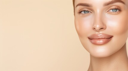 Fototapeta premium A beauty model with smooth skin and a gentle smile, her head resting on her hand, high-resolution photo, realistic photo, hyper realistic