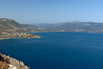 View of Agia Kyriaki and Myrtoan sea from Monemvasia island.Peloponnese. Laconia. Greece. 