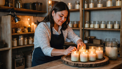 A woman carefully crafting candles in a cozy, warmly lit studio, surrounded by the soft glow of numerous candles, creating a tranquil atmosphere.