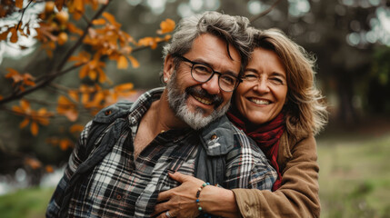 Fototapeta premium A happy middle-aged couple hugging and smiling together in a park, enjoying their time outdoors