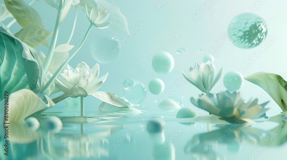 Aufkleber enigmatic 3d dreamscape with floating elements and distorted perspectives in light blue and pale gre