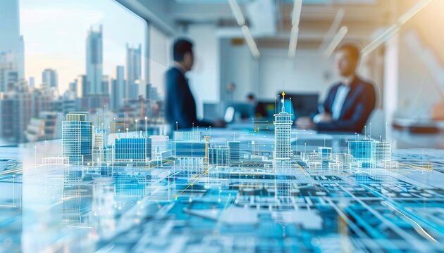 Commercial Real Estate Development Blueprinting, blueprinting for commercial real estate development with an image featuring developers and investors planning office buildings