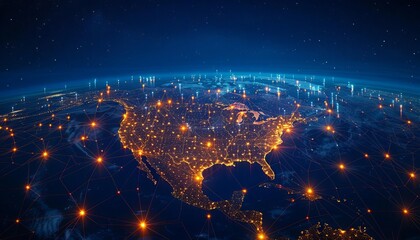 Digital Constellation, North America with constellations of glowing satellites forming intricate patterns across the sky, global communication