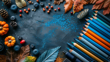 Top view back to school supplies on blackboard, in the style of dark teal and silver, minimalist backgrounds,generative ai