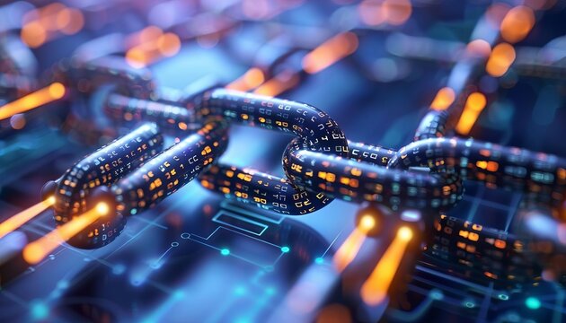 Future of Digital Trust, visionary scene where blockchain technology is central to establishing digital trust