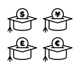 Set of icons about student scholarship, investment in education, school savings, currencies.