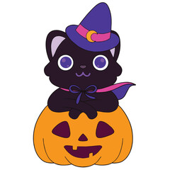 Illustration of a cute halloween witch cat is isolated on the white background