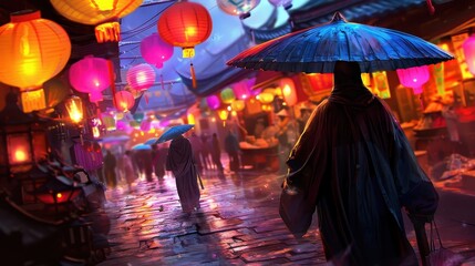 Vibrant night market scene with colorful lanterns, people in traditional attire holding umbrellas, illuminating wet streets in the background.