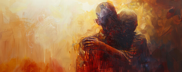 A modern take on the Prodigal Son, with abstract figures representing the father and son embracing, bathed in warm, forgiving light.