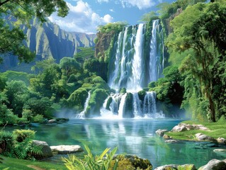 Naklejka premium Breathtaking Tropical Waterfall Surrounded by Lush Greenery and Crystal Clear Waters in a Peaceful Natural Setting