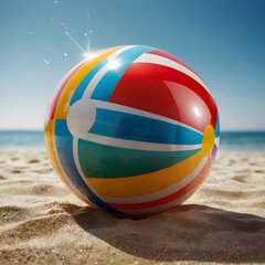 Obraz premium Beach ball with glossy surface, vibrant stripes, on sandy beach and beautiful tropical sea against a clear blue sky background.