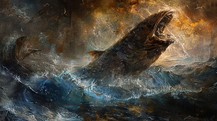 Jonah being swallowed by the great fish, with a stormy sea and a giant fish emerging from the waves.