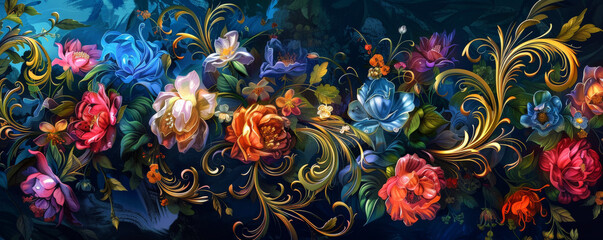 A luxurious floral background, featuring lush flowers in vibrant hues and swirling vines, exuding elegance and grandeur.