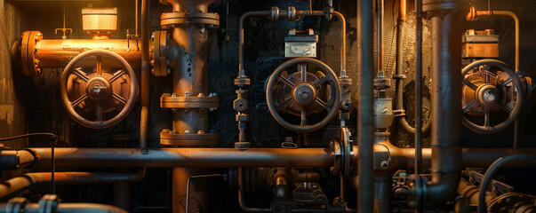 Fototapeta premium Close-up view of a mechanical room with pipes and valves, illuminated by industrial lighting, emphasizing the intricate design and functionality.