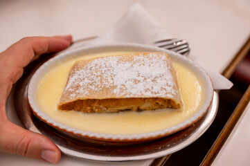 Close-up of a Viennese specialty: apple strudel with custard. A hand grasps the plate.