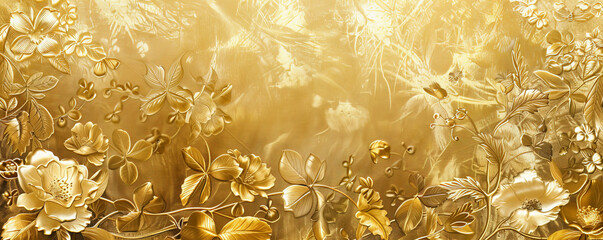 A stunning artwork of a luxurious golden floral background, featuring intricate flowers and leaves with delicate details, all shimmering in a golden hue.
