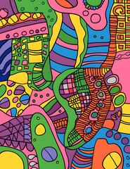 Obraz premium Colorful abstract geometric artwork with various shapes, lines, patterns in a dynamic, bold composition. Ideal for modern creative designs. Expressive, vibrant, and visually captivating
