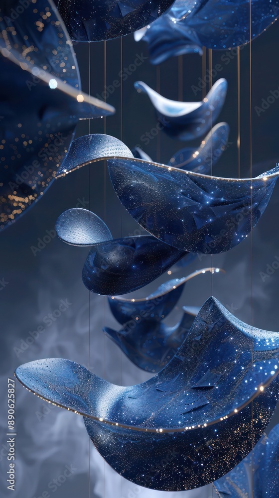 Aufkleber intricate 3d shapes suspended in space, featuring vintage blue hues and hints of deep sapphire, acce