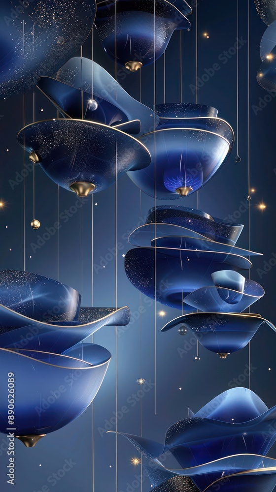 Poster intricate 3d shapes suspended in space, featuring vintage blue hues and hints of deep sapphire, acce
