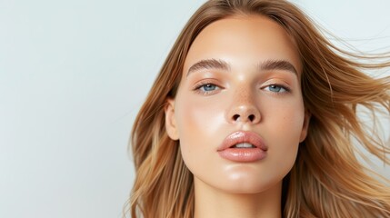 Naklejka premium A model with flawless skin and soft, natural makeup, her hair flowing freely, high-resolution photo, realistic photo, hyper realistic
