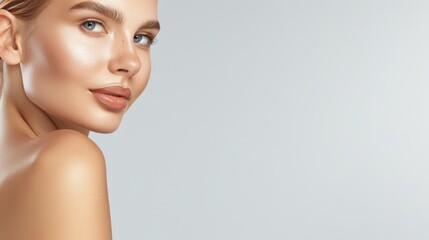 Fototapeta premium A model with flawless skin, looking over her shoulder with a serene expression, high-resolution photo, realistic photo, hyper realistic