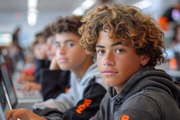 Teen Boy With Curly Hair Uses Laptop in Classroom