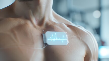 A wearable ECG patch transmitting data to a smartphone, on a patient's chest during a fitness session, high-resolution photo, realistic photo, cinematography, hyper realistic