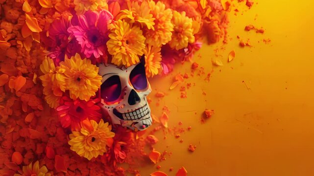 Traditional Day of the Dead altar with skulls, family photos, and flowers. A vibrant Mexican celebration blending religious and pagan elements