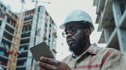 An African-American man with a tablet at an urban construction site, monitoring and managing civil engineering and architectural projects for infrastructure development.