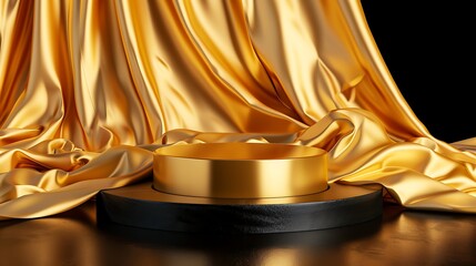 Golden Cylindrical Podium on Black Floor with Luxurious Drapery