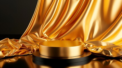 Golden Cylindrical Podium With Luxurious Satin Fabric Background