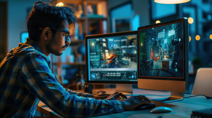Obraz premium An Indian male game designer engrossed in creating 3D models for an adventure game on his desktop, working within a diverse and inclusive game development office.