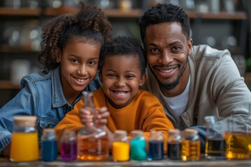 Happy Family Doing Science Experiments at Home With Colorful Liquids