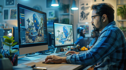 An Indian male game designer using a desktop computer with 3D modeling software to create characters and worlds for an immersive adventure video game in a diverse game development office.