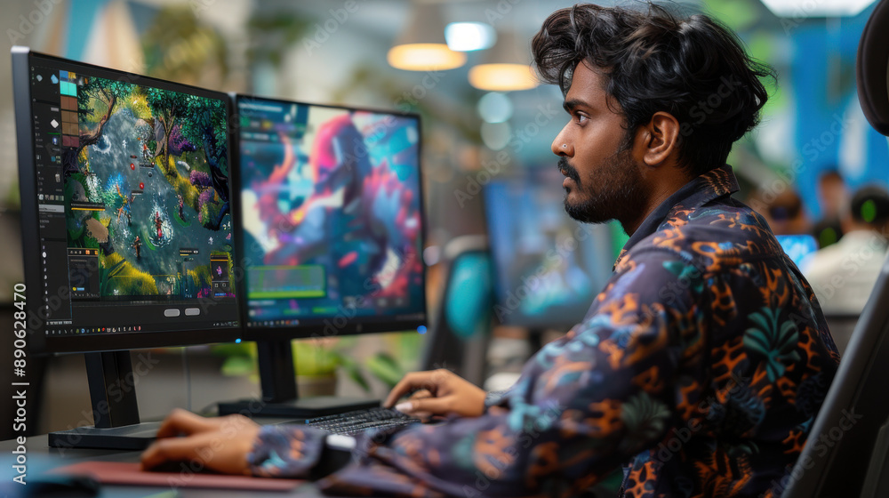 Poster an indian male game designer using a desktop with 3d modeling software to design detailed characters